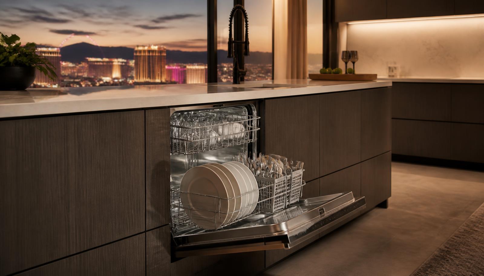 Open stainless steel dishwasher in a modern Las Vegas kitchen with the city skyline at dusk through the window