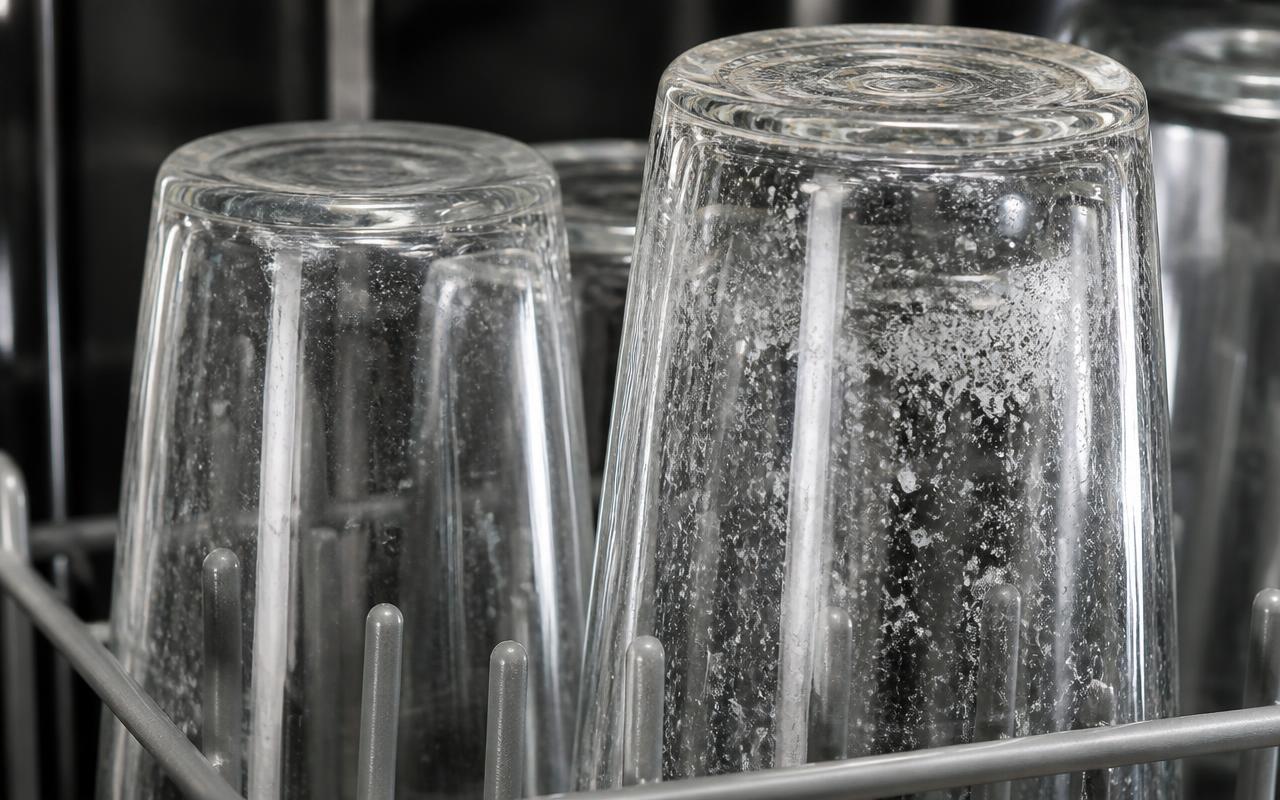 Cloudy white hard water mineral spots on drinking glasses in a dishwasher rack