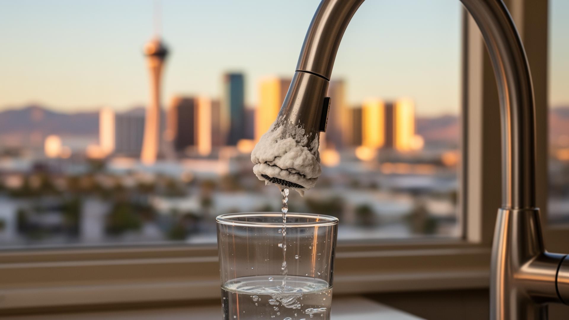 Hard water mineral buildup on a kitchen faucet aerator with a Las Vegas desert view
