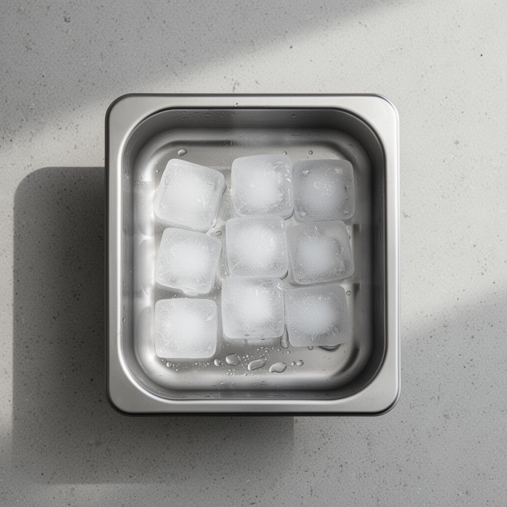 Stainless steel ice tray with slightly cloudy ice cubes — a common Las Vegas hard water symptom