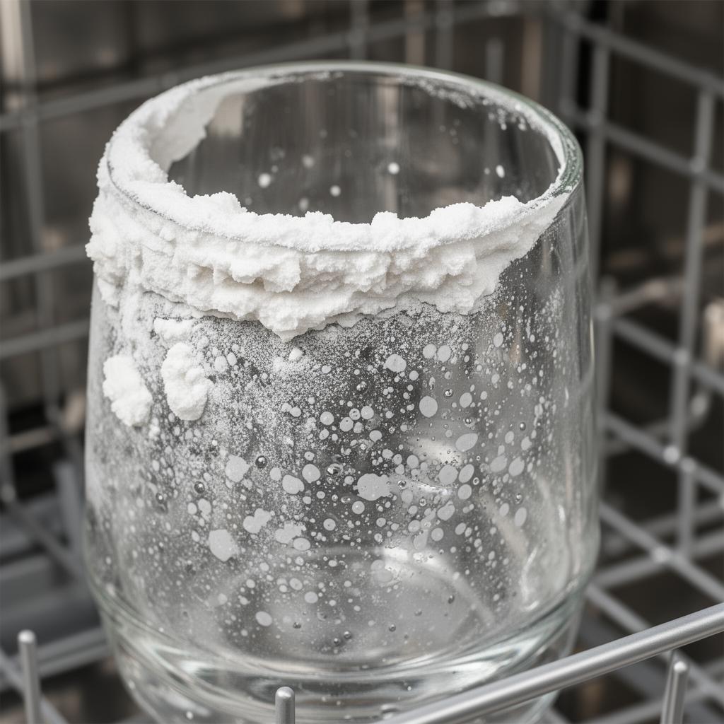 Glass with white mineral scale and water spots inside a dishwasher rack