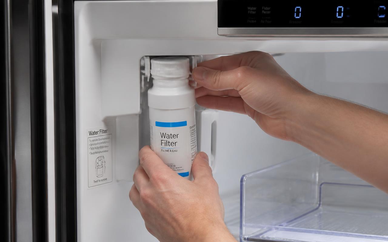 Hands replacing a cylindrical refrigerator water filter cartridge inside a refrigerator compartment
