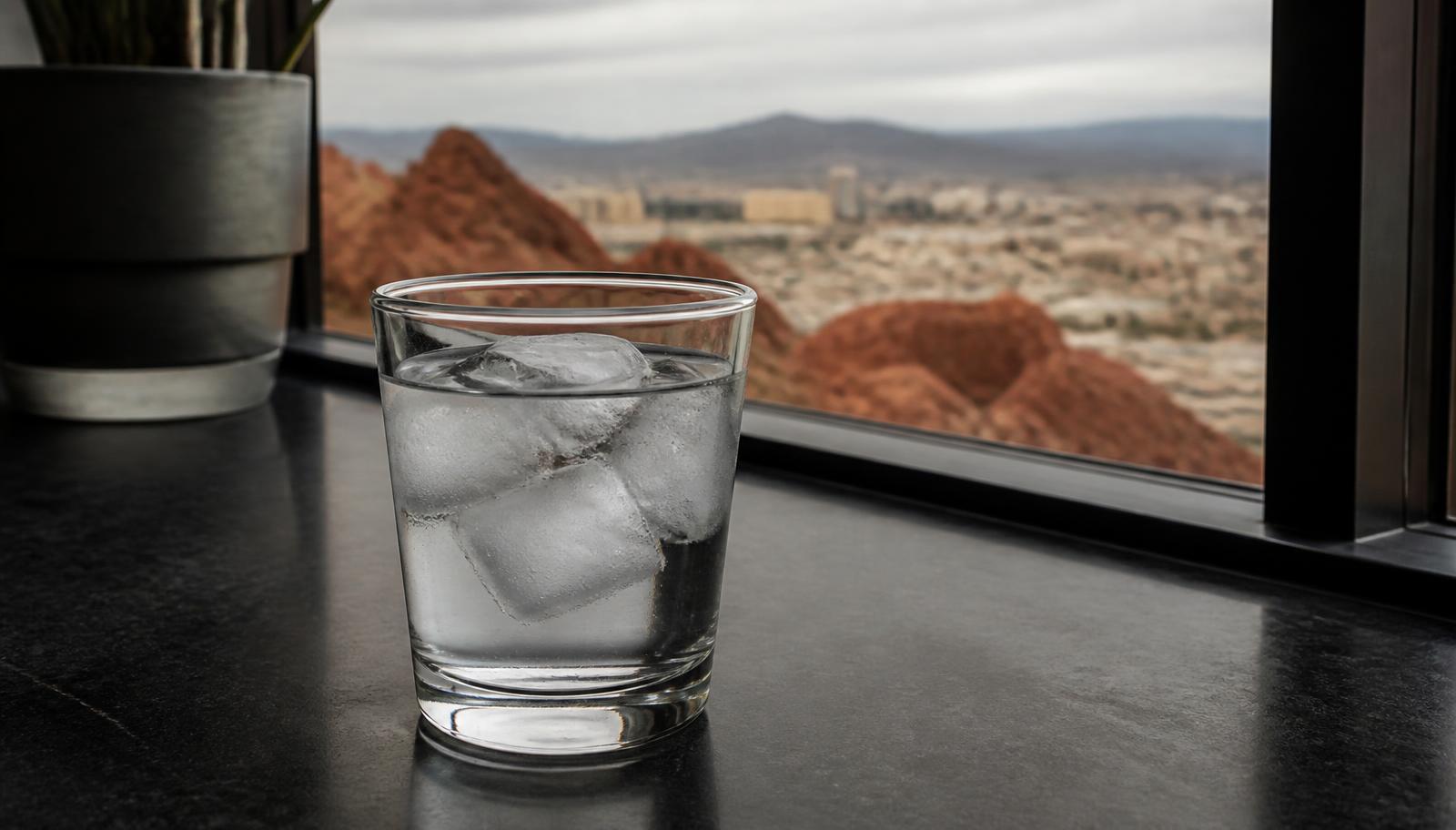 Glass of ice water on a kitchen counter with the Las Vegas skyline and desert mountains beyond the window
