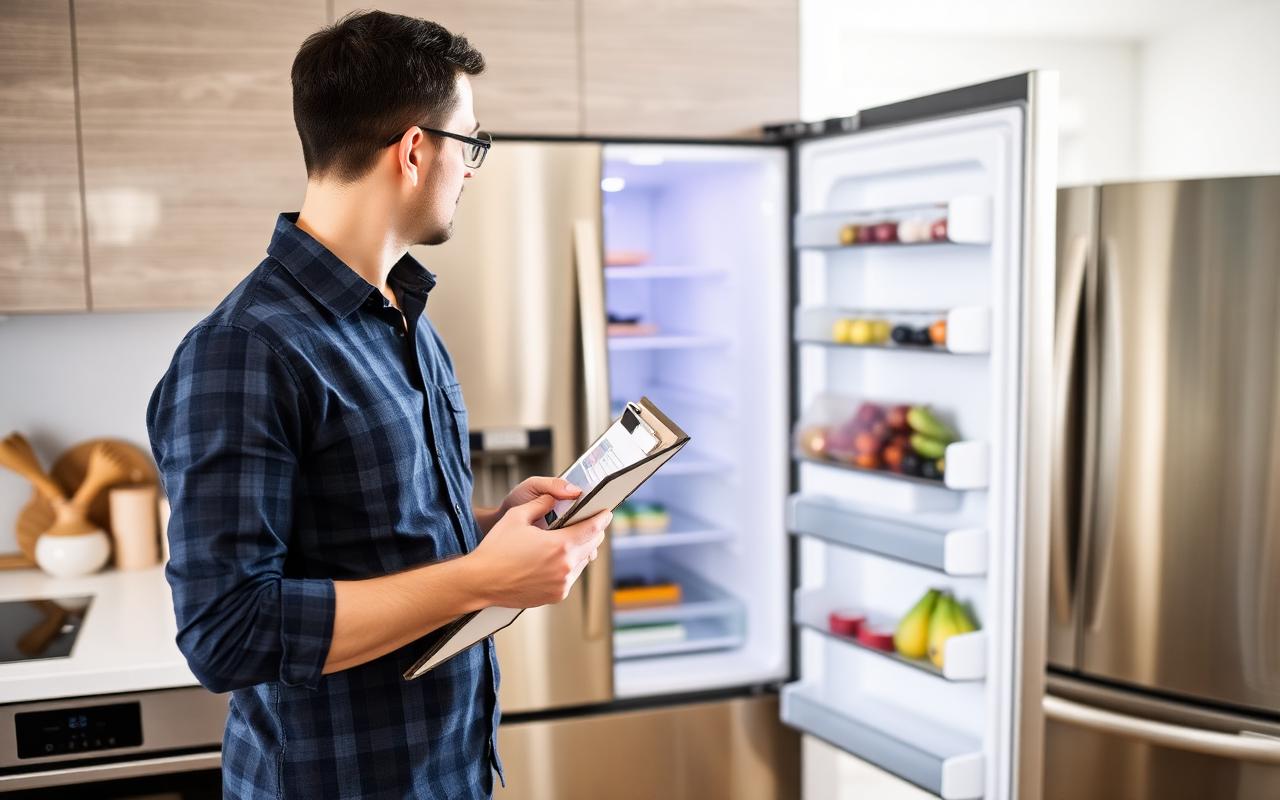 New homeowner with a clipboard inspecting an open stainless steel refrigerator in a modern kitchen
