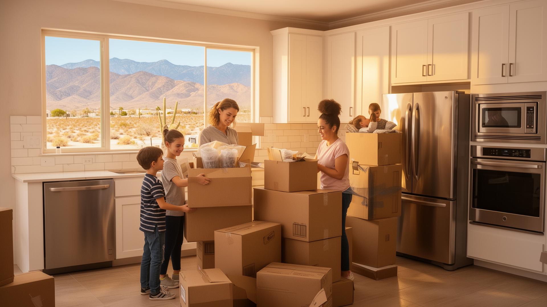 Family unpacking moving boxes in a bright Las Vegas kitchen with stainless steel appliances and a desert mountain view