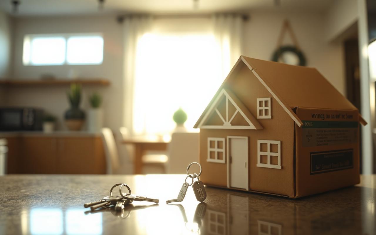 House keys on a kitchen counter next to a small cardboard model house in a sunlit Las Vegas home