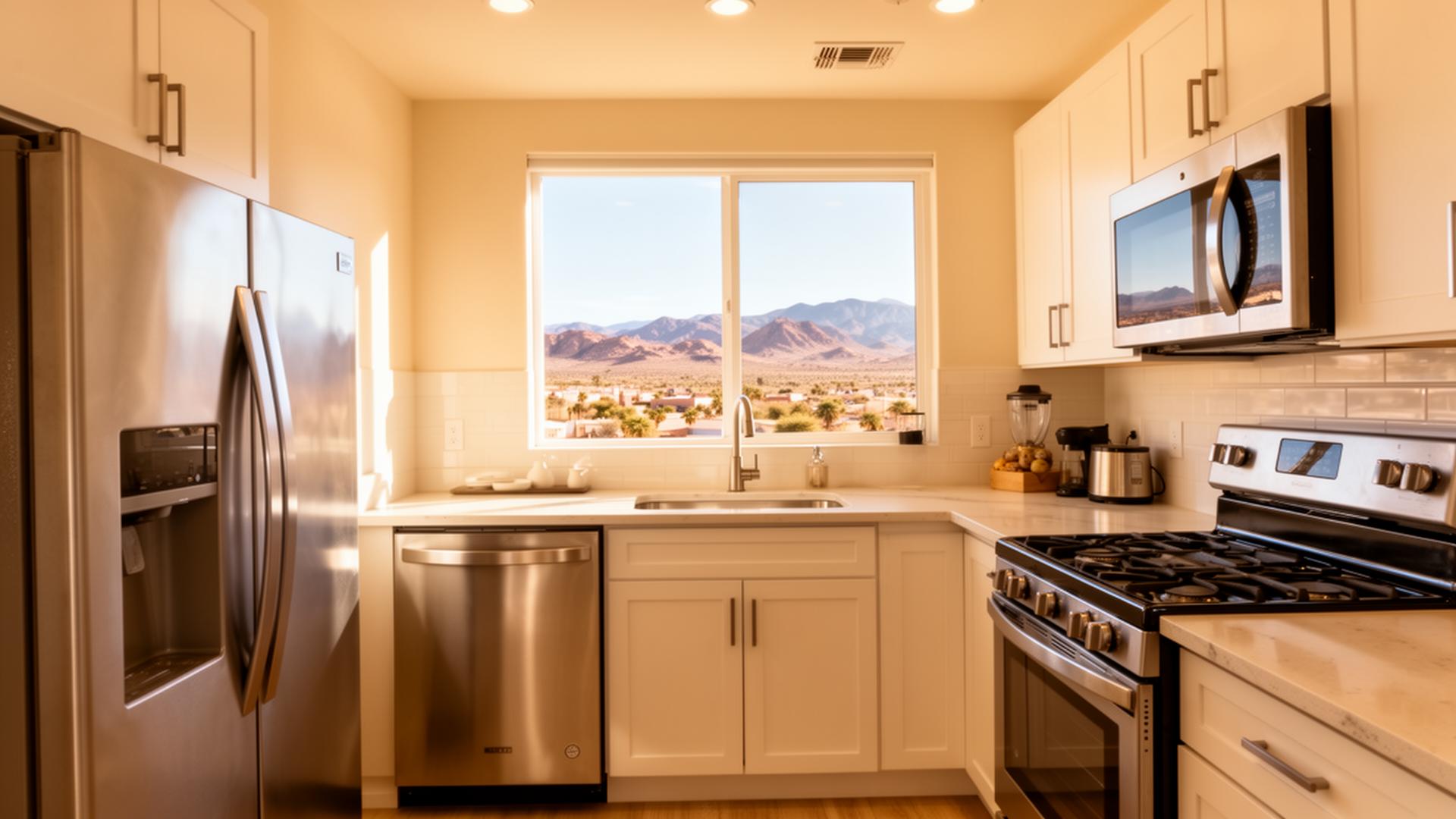 Bright modern Las Vegas rental kitchen with stainless steel appliances and a desert mountain view