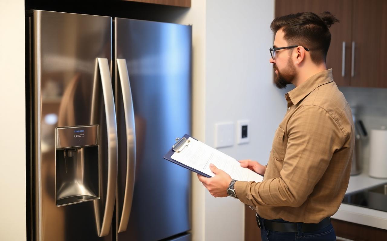 Property manager with a clipboard inspecting a stainless steel refrigerator with ice and water dispenser