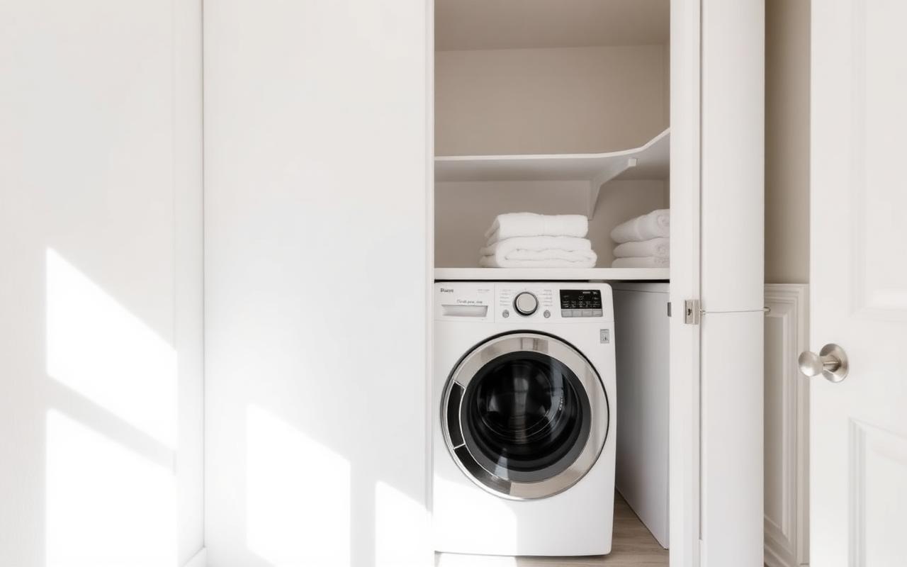 Clean modern laundry closet in a Las Vegas rental home with a front-load washer and folded towels