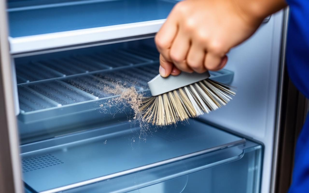 Technician cleaning dusty refrigerator condenser coils with a brush