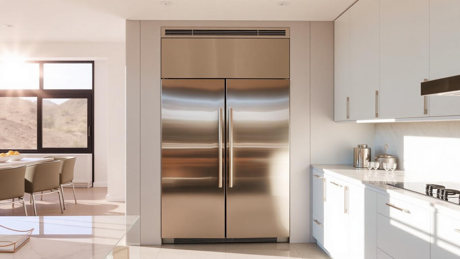 Luxury stainless steel built-in refrigerator in a Las Vegas kitchen with desert light