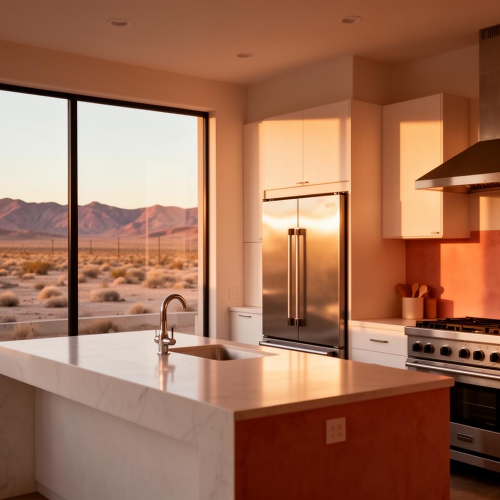 Modern Las Vegas desert home kitchen with stainless refrigerator and range