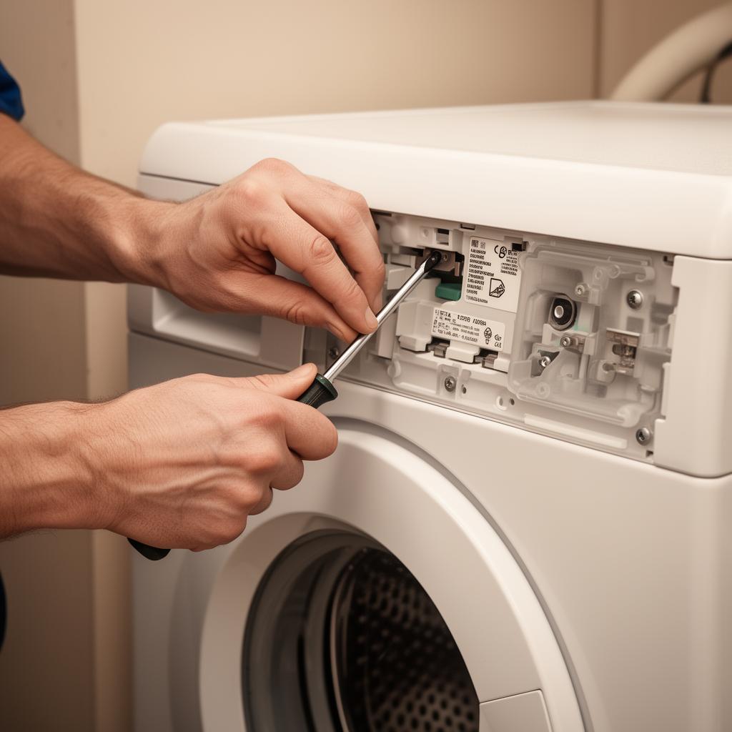 Technician repairing the back panel of a washing machine